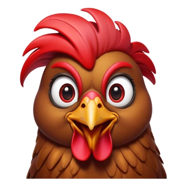Cinematic Comical Brown Chicken Portrait Emoji, Head tilted dramatically with an exaggeratedly amused expression, featuring a striking, glossy brown plumage with a vibrant red comb, wide, expressive beady eyes filled with playful disbelief, Simplified yet hilariously expressive features, highly detailed, glowing with a slightly sassy glow, high shine, dramatic yet playful, stylized with an air of cheeky mischief, bright and endearing, soft glowing outline, capturing the essence of a spirited and over-the-top chicken, so meme-worthy it feels like it could cluck its way into internet fame instantly! sticker