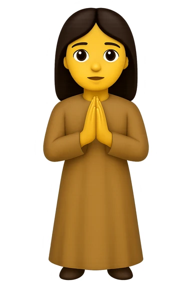 Show the woman standing and praying from the front view, wearing a long tan dress, with dark brown hair, in emoji style. Remove the background. sticker