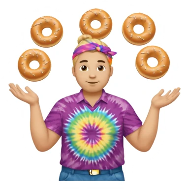 Large man w Blond manbun juggling plain bagels (no sprinkles) with tie die shirt sticker