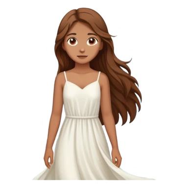 Girl with long brown hair wearing a flowing white dress, standing where the sea meets the mountains sticker