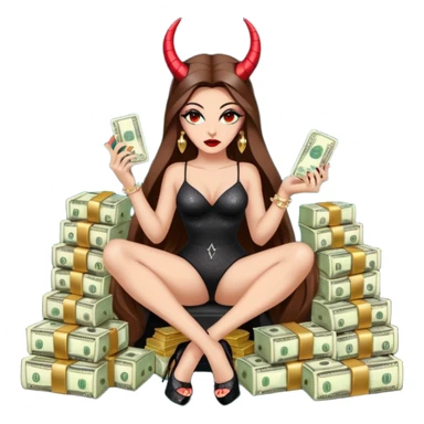 Sensual seductress long brown straight haired sexy drug lord woman with  glitter platform high heels on her feet,  and devil black horns on her head, holding a stack of cash, has a phone in other hand. Sitting on  Cases of drugs. Evil  sticker