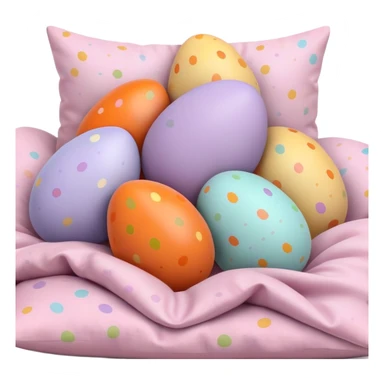Realistic Easter eggs in pastel colors, some orange and carrot shaped, in a pile hidden behind pillows sticker
