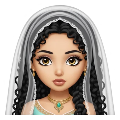 South West asian beauty, pretty bratz baddie, black eyeliner, long black curly hair, veil, light skin sticker