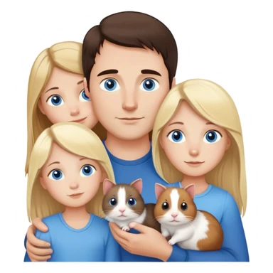 Family portrait with father with dark brown hair and blue eyes, mother with light brown hair and blue eyes, three blonde little girls with blue eyes, plus a cat and two guinea pigs sticker