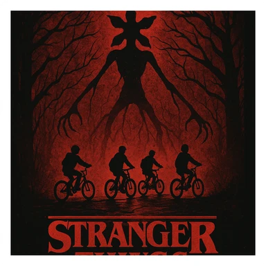 Stranger Things series, horror poster style, the Upside Down with silhouettes of kids on bikes sticker