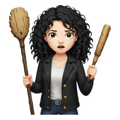 Hey, please generate me an emoji that depicts a woman white skin long black curly disheveled hair slightly thicker, she is wearing a white T-shirt and a black unbuttoned jacket she is furious she is holding a large wooden stick from a tree in her hands sticker