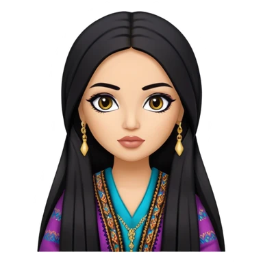 Afghan nose, pretty lips, afghan clothes, medium skin,  long black hair, pretty bratz baddie, black eyeliner sticker