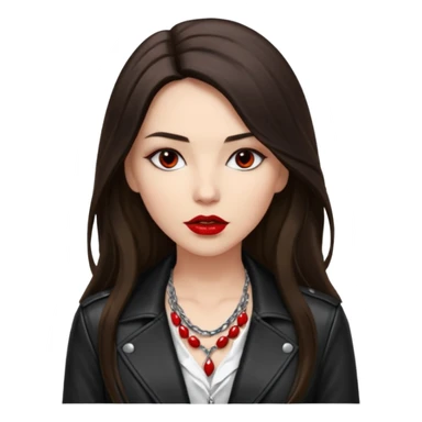 brunette with very long hair in black cuir jacket with red lips and very dark brown eyes and white shirt and mysterious necklace sticker