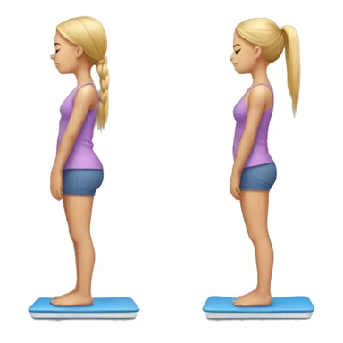 Side view of a girl standing on a bathroom scale, looking down, wearing yoga clothes sticker