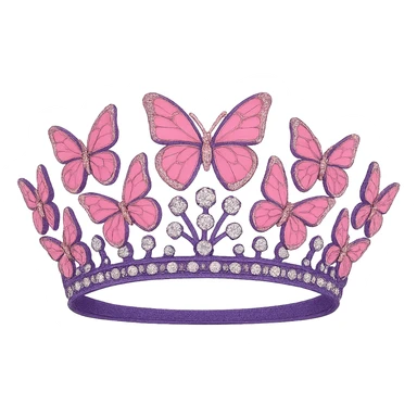 Change the base of the butterfly crown to purple, keep the vibrant pink enamel butterflies and sparkling gems, with no background. The style should maintain the original look of the butterfly crown. sticker