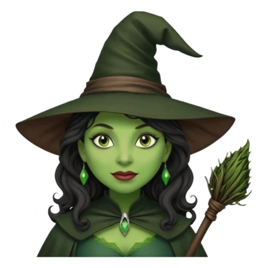 elphaba the wicked witch from wicked movie (cynthia erivo) dark long curly hair, thick lips, green skins, witch hat, witch broom, evil, wicked musical film, smirk sticker