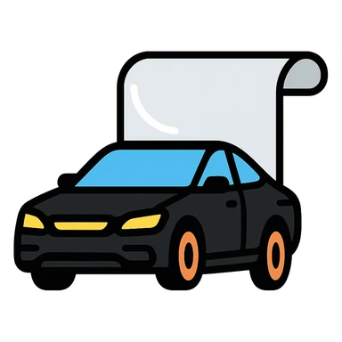 icon of a high-end black car partially covered by a rolled transparent or light gray film, glossy black as main color, film with curved effect to suggest adhesion, modern and clean style, no text sticker