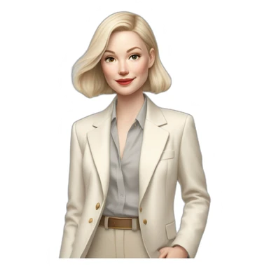 pale skin woman with ash blonde Straightened bob Hair, White Spacious classical jacket, beige palazzo Arrow pants and gray blouse holding white IPhone 15 pro in the hands sticker