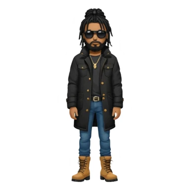 African American man with shoulder length black dreadlocks with black beard wearing black sunglasses wearing a black bubble winter coat wearing denim skinny jeans wearing wheat timberland boots thinking sticker