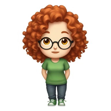 Chibi twitch emotes of a red curly haired girl, with freckles and big round glasses, in a green shirt sticker