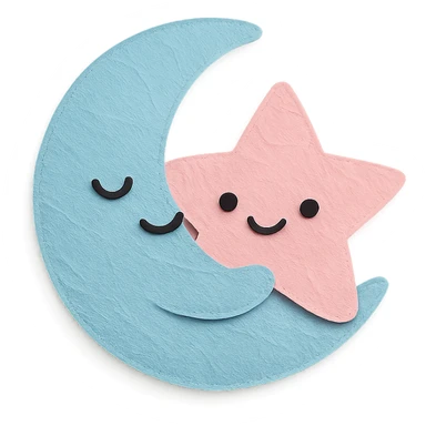 adorable pastel blue crescent moon hugging a soft pink star, no arms or legs, full body, kawaii paper craft style sticker