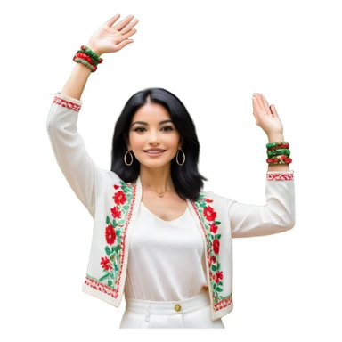 a woman with shoulder-length black hair is posing with a slightly smiling facial expression and hands raised to the side in a "I don't know" or "I see" gesture. She is wearing a white outfit with red and green floral prints, and accessories such as bracelets and earrings.

The backdrop is a building with black-framed and glass windows that reflect the trees outside. There are also wooden chairs with iron on the left and right sides of the picture. At the top, an air-conditioning unit mounted on the wall can be seen. Natural light illuminates her face quite well, giving the photo a relaxed and natural feel. sticker