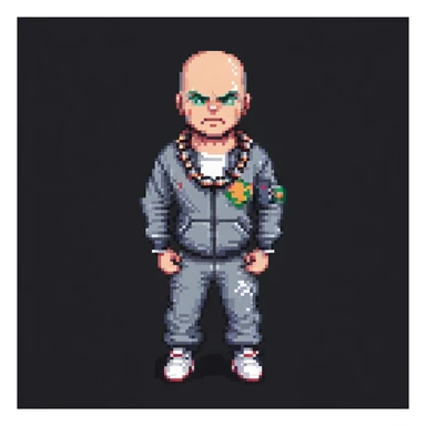 Pixel art thug in tracksuit, holding chain in Hand, bald head, angry expression, side view, retro arcade sprite
 sticker