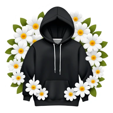 "Design a black hoodie adorned with scattered, medium-sized black and white flowers. Each flower should consist of a bold, thick white ring forming the petals, with a completely hollow center, creating an open, circular look. The flowers should have an irregular, asymmetrical shape and be evenly distributed across the hoodie, including the sleeves and hood. Keep the design minimalistic—no detailed petals, shading, or filled centers, just simple, bold, hollow ring-like floral patterns." sticker