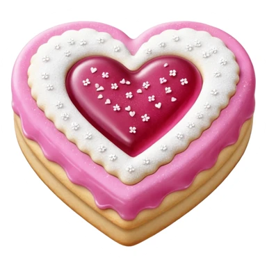 Realistic shortbread cookie in the shape of a heart with pink jelly middle filling and sprinkled powder sugar on top. sticker