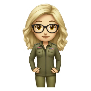 girl, 30 year, blondish/greyish, glasses with small frame, full body, army, with dog sticker