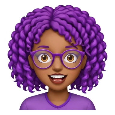 nerd emoji like with glasses showing only her 2 buck teeth but it’s a black girl with purple black curly hair face up only sticker