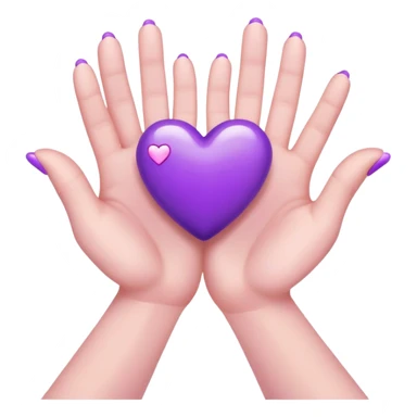 White skin hands with 5 fingers each are holding a violate heart sticker