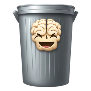 a trash can with brain instead of the lid, smiling face on the trash can sticker