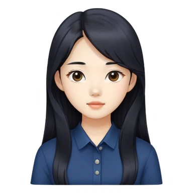 beautician, pretty korean girl with black long hair wearing navy shirts, long face sticker