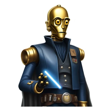 bounty hunter tarnished undercover tough well-equipped Jedi  life-sized darkblue-pearl C3po leather vest clothing pants and vest old west duster coat holding light saber sheriff sticker