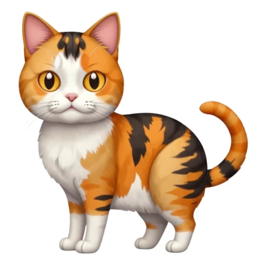 full body colourful calico tabby cat with skinny head and fat body with an anxious face sticker