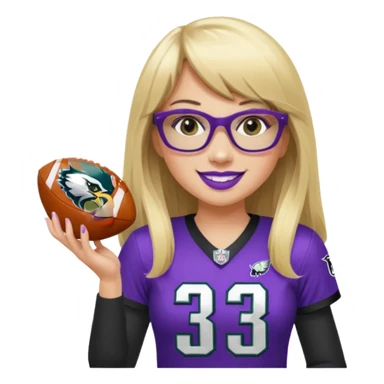 full length women wearing eagles uniform, long blonde hair, blunt bangs, black glasses, holding football, number 33, smiling, purple lipstick sticker