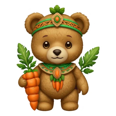 teddy bear, wearing green mayan ancient custome, with carrot sticker