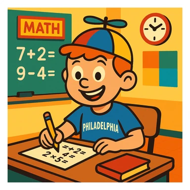 Little Johnny, cheerful young boy with a propellor hat, wearing a Philadelphia sports shirt, in a math classroom, showing good work habits, vibrant and clear illustration, colorful, friendly, positive atmosphere sticker
