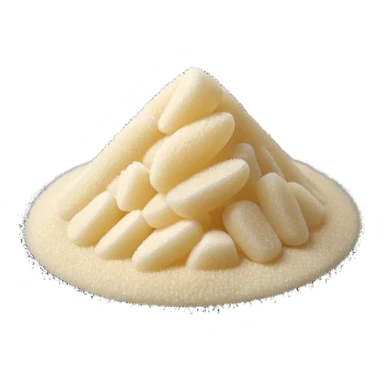 small pile of vanilla sugar, off-white, fine and soft, dark vanilla dots throughout, dry and delicate, uneven surface, scattered granules, 3D-rendered, minimal, no faces, transparent background sticker