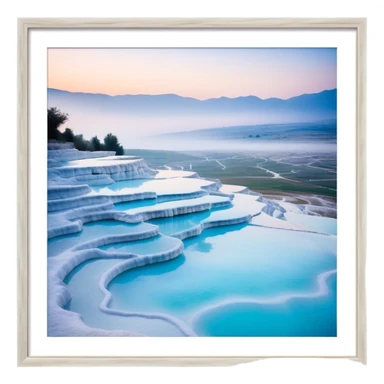 Cinematic Realistic Pamukkale Landmark Emoji, showcasing surreal cascading terraces of thermal waters rendered with ethereal textures and soft, luminous lighting. sticker