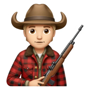 Man wearing buffalo plaid jacket and hat, with rifle sticker