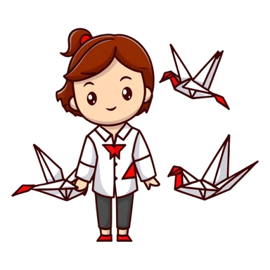 A happy Ukrainian young girl with brown hair in a white embroidered shirt makes an origami red crane craft sticker