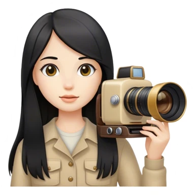 girl photographer with black long straight hair and beige camera sticker
