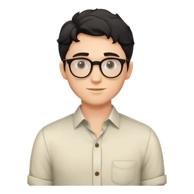 Young caucasian man with black wavy hair, round glasses, torso only, wearing relaxed buttoned-up shirt without a tie sticker