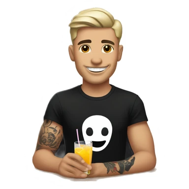 young bartender with white skin and tattoo on left the hand. he is wearing black t-shirt which has teeth-smile print in heart area. he is holding cocktail. sticker