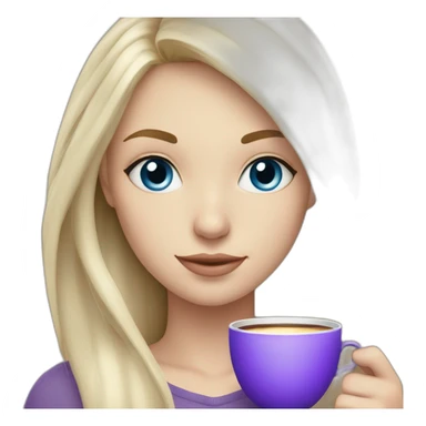 white blonde girl with blue eyes that is holding cup with purple tea sticker