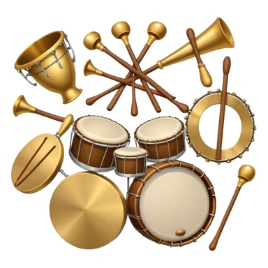 Create a heraldic, festive, and professional emblem-like emoji representing percussion instruments. The design should resemble a traditional crest, featuring a range of percussion instruments like cymbals, triangle, tambourine, maracas, timpani, and other traditional and folk percussion instruments. Arrange them symmetrically, with elements like cymbals crossing each other, a triangle at the center, and timpani or drums flanking the sides. The instruments should be depicted with metallic and wooden tones—shiny brass for cymbals, silver for the triangle, and rich wood or polished bronze for drums. Include ornate details like engraved patterns on the instruments, decorative swirls or laurels, and subtle accents to add elegance and festivity to the composition. The overall design should be cohesive, balanced, and visually striking, suitable for use as a prestigious emblem. The background should be transparent. sticker