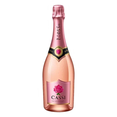 bottle of sparkling rosé champagne with a rose logo on the label, tilted up and to the right, no glass sticker