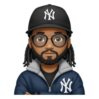 African American man with shoulder length black dreadlocks and black beard wearing black sunglasses with a New York Yankees baseball cap wearing a dark black bubble winter coat with arms folded sticker
