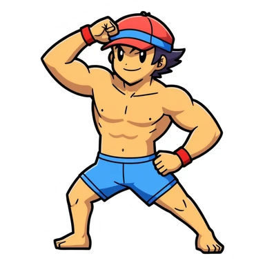 Bara style Hot handsome very muscular 6ft 5inch tall smiling happy fun shirtless Ash Ketchum dancing to techno with two best friends in short swimwear sticker