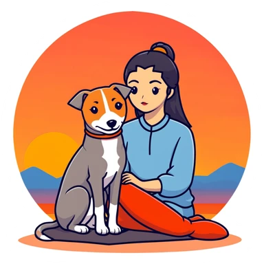 A very beautiful and attractive 25-year-old Chinese woman with long flowing black hair and a SOLID DARK GREY whippet sitting together during a beautiful sunset. The whippet MUST be COMPLETELY SOLID DARK GREY with ABSOLUTELY NO WHITE MARKINGS ANYWHERE - no white chest, no white face, no white paws, no white tip on tail - ENTIRELY ONE SOLID DARK GREY COLOR throughout the entire dog. Orange and red sunset sky in the background. sticker