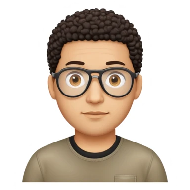 Light brown skinned Latino man with oval face, aviator glasses, completely bald sides with extremely short dark curly hair only on crown, friendly neutral expression, casual black t-shirt sticker