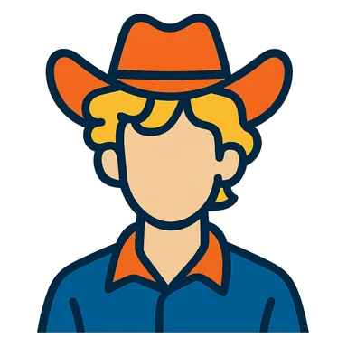 vibrant toon style young man with wavy blonde hair, blank face, orange cowboy hat sticker