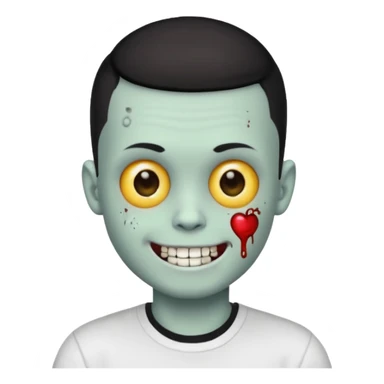 zombie boy with black buzz cut hair and white t shirt, smiling, apple style emoji sticker